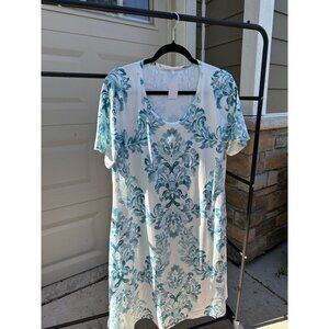 White & Blue Floral Patterned Short Sleeve Dress Size L